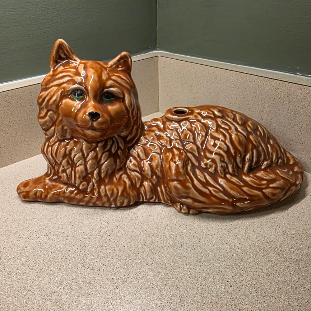 Vintage 13" Ceramic Persian Cat Figurine, Brown Drip Glaze, Lamp base